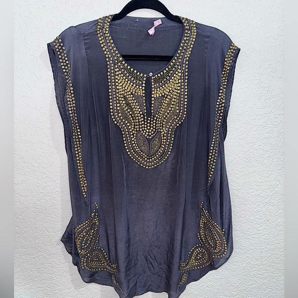 Calypso St. Barth charcoal Silk Embellished Blouse Size Small - Picture 1 of 4